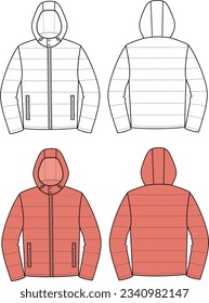 La chaqueta colgada de los hombres encapuchada. Delante y atrás. CAD de moda. Ilustración vectorial.