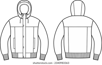 Quilted down jacket flat sketch. Winter outerwear apparel design. Front and back. Men CAD mockup. Technical drawing template. Vector illustration.