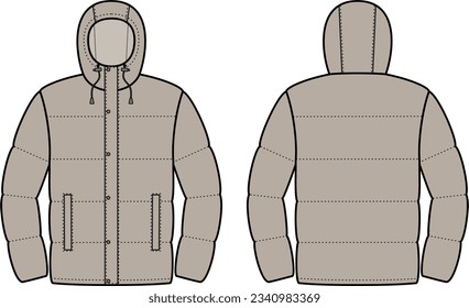 Quilted down jacket flat sketch. Winter outerwear apparel design. Front and back. Men CAD mockup. Technical drawing template. Vector illustration.
