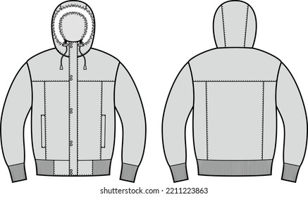 Quilted down jacket hood flat sketch. Winter fur coat apparel design. Front back. Men CAD mockup. Technical drawing template. Vector illustration.