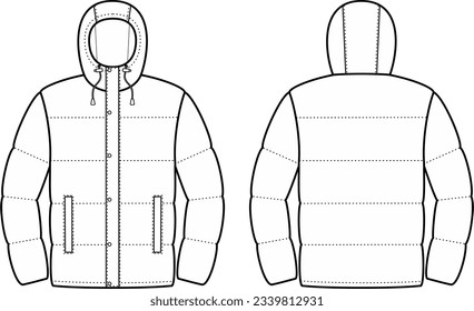 Quilted down jacket with hood flat sketch. Outerwear apparel design. Front and back. Men CAD mockup. Technical drawing template. Vector illustration.