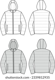 Quilted down jacket with hood flat sketch. Outerwear apparel design. Front and back. Men CAD mockup. Technical drawing template. Vector illustration.