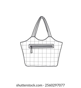 Quilted down padded puffer shoulder bag, handbag for work, tote bag for women with zipper line art. Outline vector doodle illustration front view, isolated on a white background