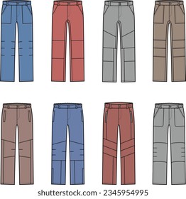 Quilted down pants flat sketch. Set of work trousers apparel design. Men CAD mockup. Fashion technical drawing template. Vector illustration.