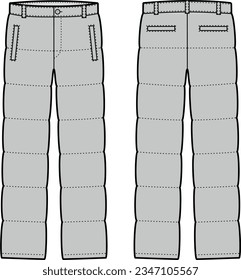 Quilted down pants flat sketch. Winter trousers apparel design. Front back. Men CAD mockup. Fashion technical drawing template. Vector illustration. 