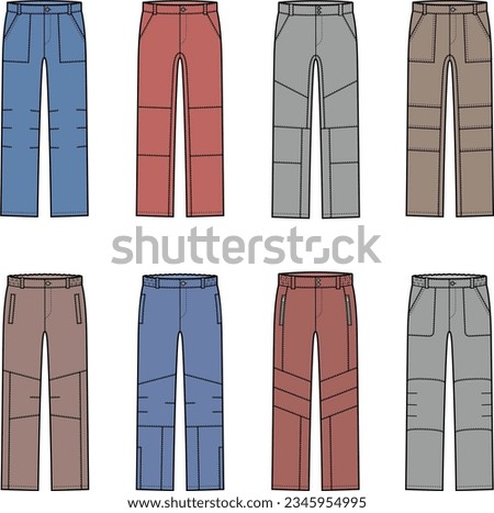 Quilted down pants flat sketch. Set of work trousers apparel design. Men CAD mockup. Fashion technical drawing template. Vector illustration.