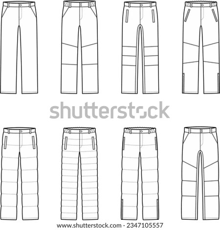 Quilted down pants flat sketch. Set of work trousers with pockets. Apparel design. Men CAD mockup. Technical drawing template. Vector illustration.