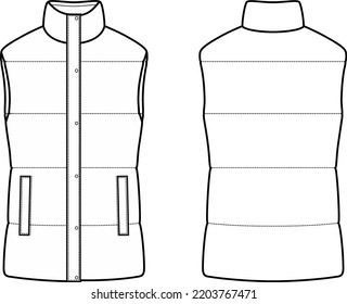 Quilted down vest flat sketch. Winter fur coat apparel design. Front back. Women CAD mockup. Fashion technical drawing template. Vector illustration. 