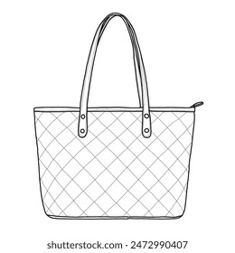 Quilted Handbag for Women Tote Purse Shoulder Bag Large Line art, outline vector doodle illustration various view, isolated on white background