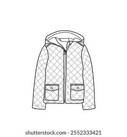 Quilted hooded jacket for kids with double pockets. Outerwear jackets technical fashion illustration. Flat coat template front view.