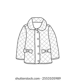 Quilted hooded jacket for kids with ribbon decoration on the pocket. Outerwear jackets technical fashion illustration.