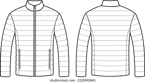 Quilted jacket flat sketch. Outerwear apparel design. Front and back. Men CAD mockup. Fashion technical drawing template. Vector illustration.