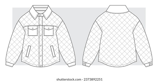 Quilted jacket shirt technical scketch. Vector illustration.
