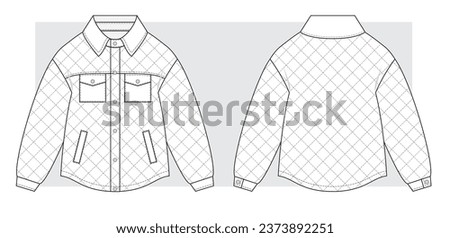 Quilted jacket shirt technical scketch. Vector illustration.
