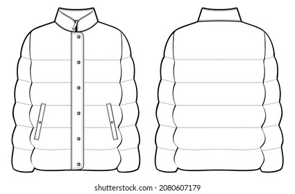 Quilted jacket technical sketch women   men unisex down jacket front   back view vector illustration 