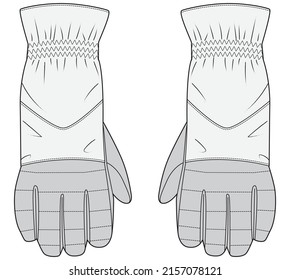 quilted mittens, winter gloves flat sketch vector illustration technical cad drawing template