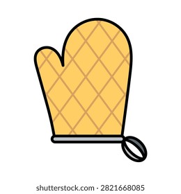 Quilted oven mitt for handling hot cookware safely. Cartoon vector illustration in flat outline style. Vector set of dishes, cutlery and kitchen utensils for cooking.