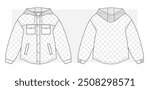 Quilted Oversize jacket with terry melange hood. Technical scketch. Vector illustration.