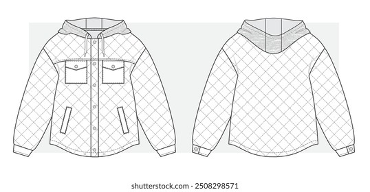 Chaqueta oversize acolchada con capucha de terry melange. Boceto técnico. Ilustración vectorial.