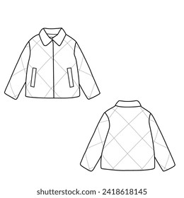 Quilted padded jacket fashion technical drawing template. Hooded Jacket technical fashion Illustration. Front and back view.