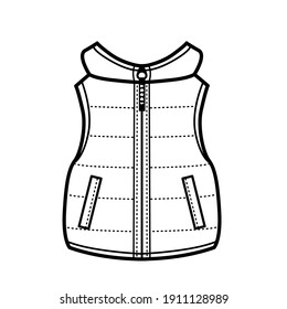 Quilted padded vest for boy outline for coloring on a white background