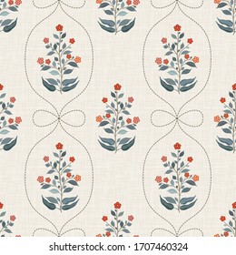 Quilted pattern with embroidered flowers on linen. Seamless background in oriental style