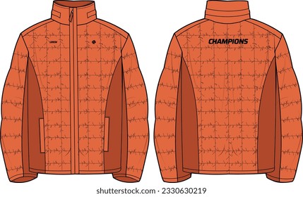 Quilted Puffer cirrus insulated jacket design flat sketch Illustration, Down puffa lite jacket with Zipper front and back view, winter jacket for Men and women. for training, Running in winter.