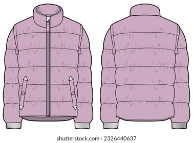 Quilted Puffer jacket design flat sketch Illustration front and back view vector template, Quilted  Padded winter Jacket for men and women svg