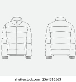 Quilted Puffer jacket design flat sketch Illustration front and back view vector template, Quilted Padded winter Jacket for men and women