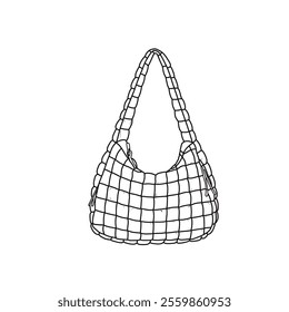 A quilted puffer tote bag for women, a hobo bag, a shoulder bag, and a tote bag puffy with zipper line art. Outline vector doodle illustration front view, isolated on a white background