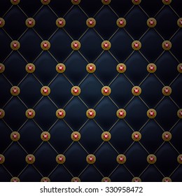 Quilted seamless pattern. Black color. Golden pins with rubies stitching rivets on textile.