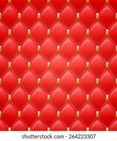 Quilted seamless pattern. Red color. Golden metallic stitching with square faceted rivets on textile.