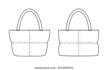 Quilted Tote Bag Technical Fashion Illustration. Padded Tote Bag Vector Template Illustration. Front View. Unisex Design. Double Handle. White Color. CAD Mockup.