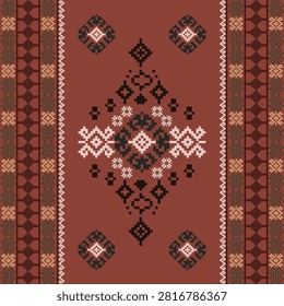 Quilted wallpaper in a burgundy tone, pixel design, and tribal embroidery. Vector illustration. Cross-stitch design for elaborate borders. Stitchwork for textiles. Knitted sweaters. 