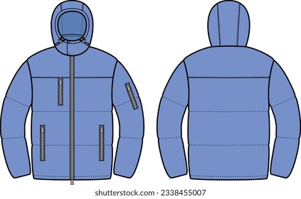 La chaqueta colgada de los hombres con capucha. Delante y atrás. CAD de moda. Ilustración vectorial.