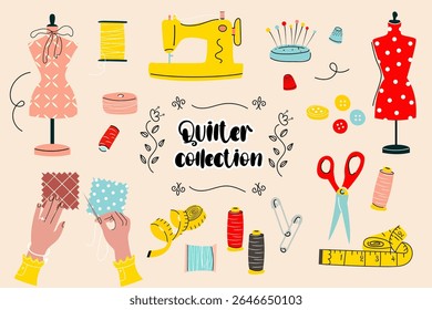 Quilter Collection – Colorful Sewing and Tailor Tools Vector Set for Crafters and DIY Projects.Bright and playful vector illustration featuring sewing elements like mannequins, fabric swatches, sewing