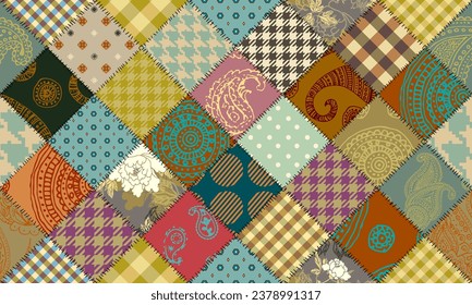 Quilting design patchwork pattern with natural khaki colors. Vector pattern.