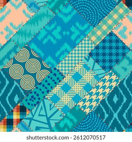 Quilting design patchwork pattern with teal colors. Vector pattern.