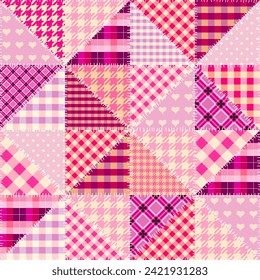 Quilting design pink patchwork plaid pattern pink colours. Vector pattern.