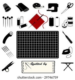 Quilting Icons and Tools for patchwork, applique, textile art, do it yourself crafts: cutting mat, rotary blade cutter, tape measure, needle, thread, pins, sewing machine, thimble, scissors, iron, label. The EPS vector file and all its elements can be resized to any dimension without losing quality. 
