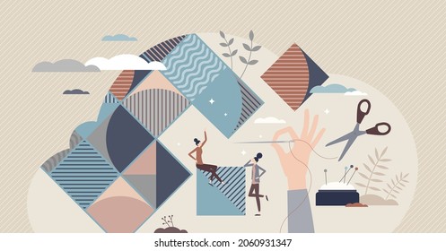 Quilting with needle and thread to join fabric layers together tiny person concept. Patchwork hobby, tailor work or manually embroidered craft textile for clothes and fashion vector illustration.