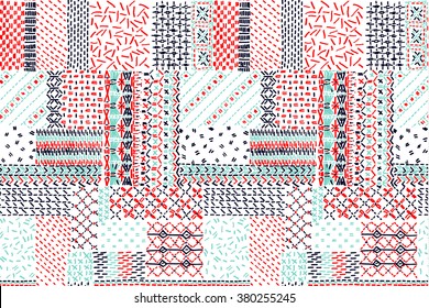 Quilting, patchwork, embroidery, cross-stitch, seamless vector pattern,  quilt,  patch,  patchwork blanket,  fabric pattern.