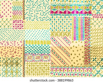 Quilting, patchwork, embroidery, seamless vector pattern.