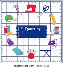 Quilting, Patchwork Icons DIY sewing: pins, pincushion, needle, thread, iron, ironing board, scissors, bobbins, cloth, sewing machine, rotary cutter, thimble, tape measure, label on cutting mat.