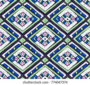 Quilting, patchwork, Indian embroidery, seamless vector geometric pattern. Ethnic vertical ornament. Tribal vector texture. Indian, Mexican, folk pattern with diamonds and triangles.