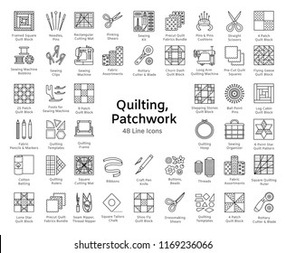 Quilting & patchwork. Supplies and accessories for sewing quilts from fabric squares & blocks. Different tools, patterns for quilters. Vector line icon set. Isolated objects on white background.