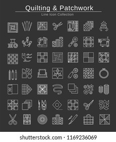 Quilting & patchwork. Supplies and accessories for sewing quilts from fabric squares & blocks. Different tools, patterns for quilters. Vector line icon set. Isolated objects on black background.