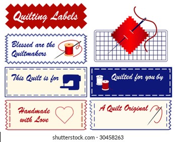 Quilting Sewing Label Collection, copy space to add name for quilts, patchwork, applique, DIY crafts, hobby, needle, thread, sewing machine, cutting mat, blessed are quilt makers, heart, handmade with love. The EPS vector file and all its elements can be resized to any dimension without loss of quality. 