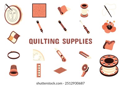 Quilting Supplies Flat Vector Illustration Icon Sticker Set Design Materials