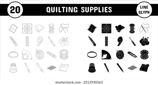 Quilting Supplies Line Glyph Vector Illustration Icon Sticker Set Design Materials